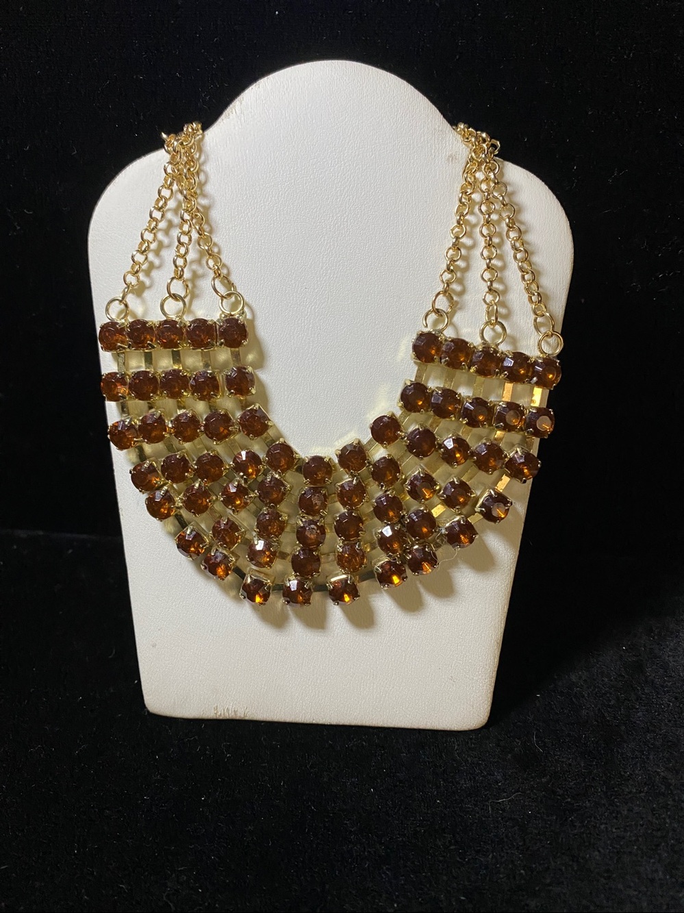 Vintage statement Necklace with 5 Rows of Amber Cognac Stones 3 rope Chain